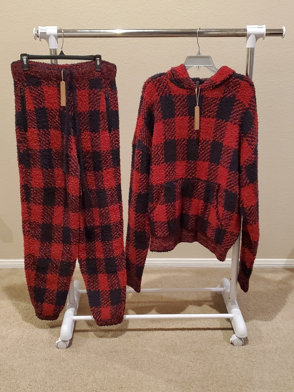 SKIMS Cozy Red & Black Buffalo Plaid Sherpa Hoodie Set